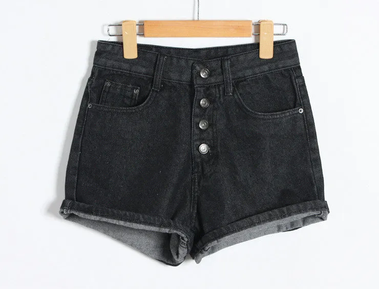Button High Waist Rolled Hem Casual Denim Shorts