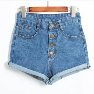 Button High Waist Rolled Hem Casual Denim Shorts