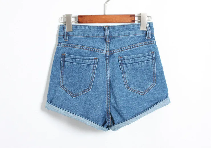 Button High Waist Rolled Hem Casual Denim Shorts