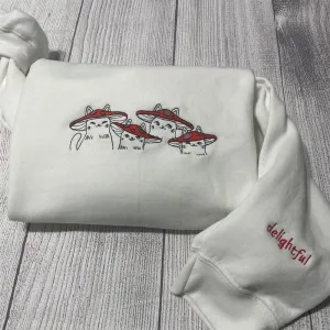 Delightful Mushroom Cats Embroidered Crewneck, Women's Embroidered Sweatshirts