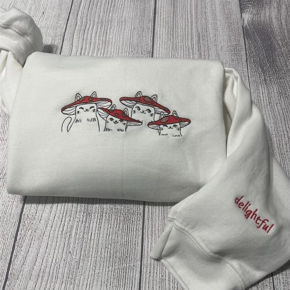 Delightful Mushroom Cats Embroidered Crewneck, Women's Embroidered Sweatshirts