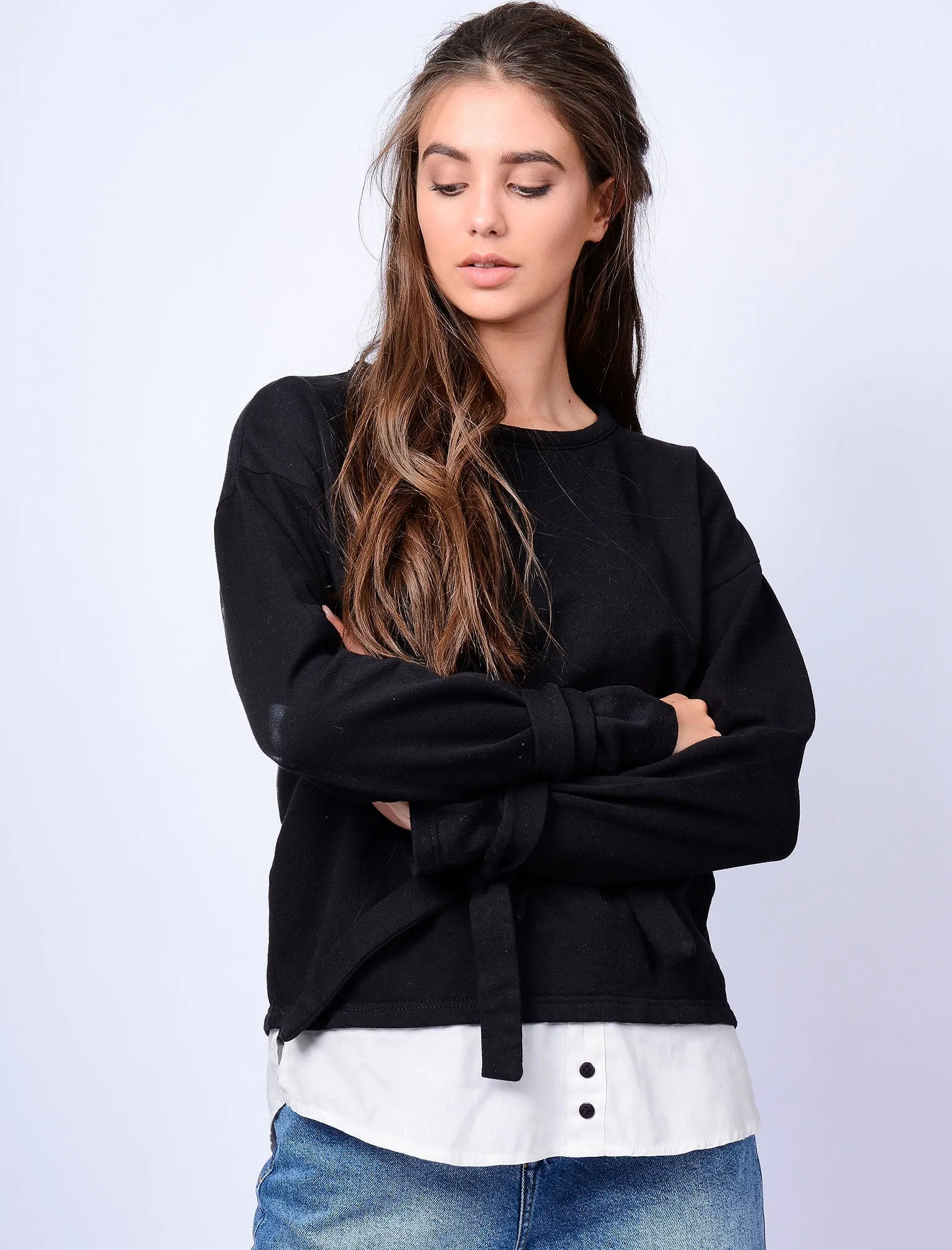 Fenman Layered Sweatshirt with Tie Sleeves in Jet Black - Amara Reya
