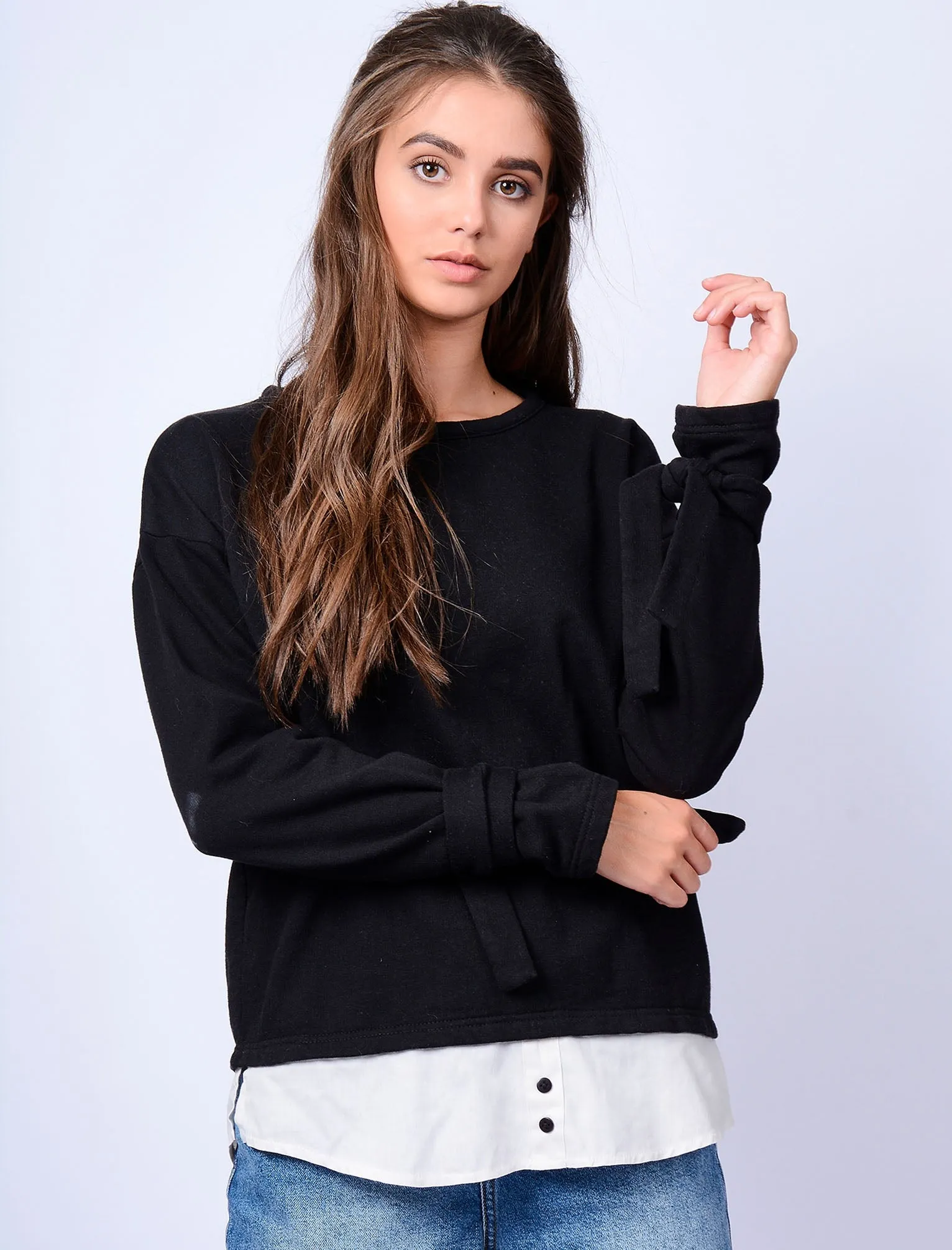 Fenman Layered Sweatshirt with Tie Sleeves in Jet Black - Amara Reya