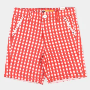 Girls Cotton Twill Short Check Lace - Red