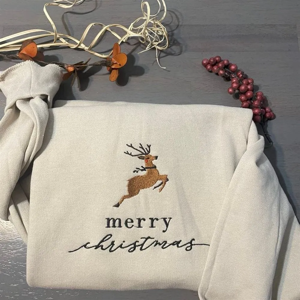 Merry Christmas Embroidered Sweatshirt Christmas Deer Sweatshirt Crewneck, Women's Embroidered Sweatshirts