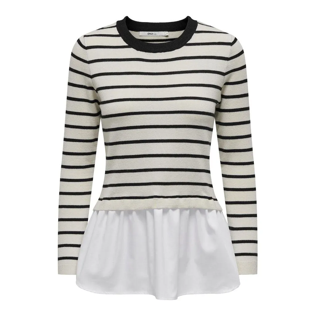 Only Womens Angie Life LS Mix Stripe Knit Sweater Cloud Dance/Black