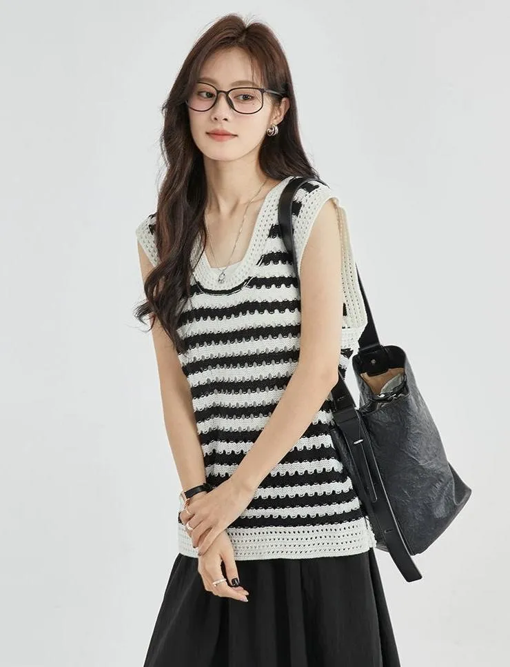Open Knit Stripe Sweater Vest