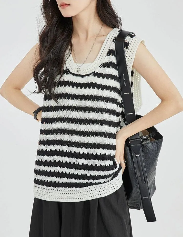 Open Knit Stripe Sweater Vest