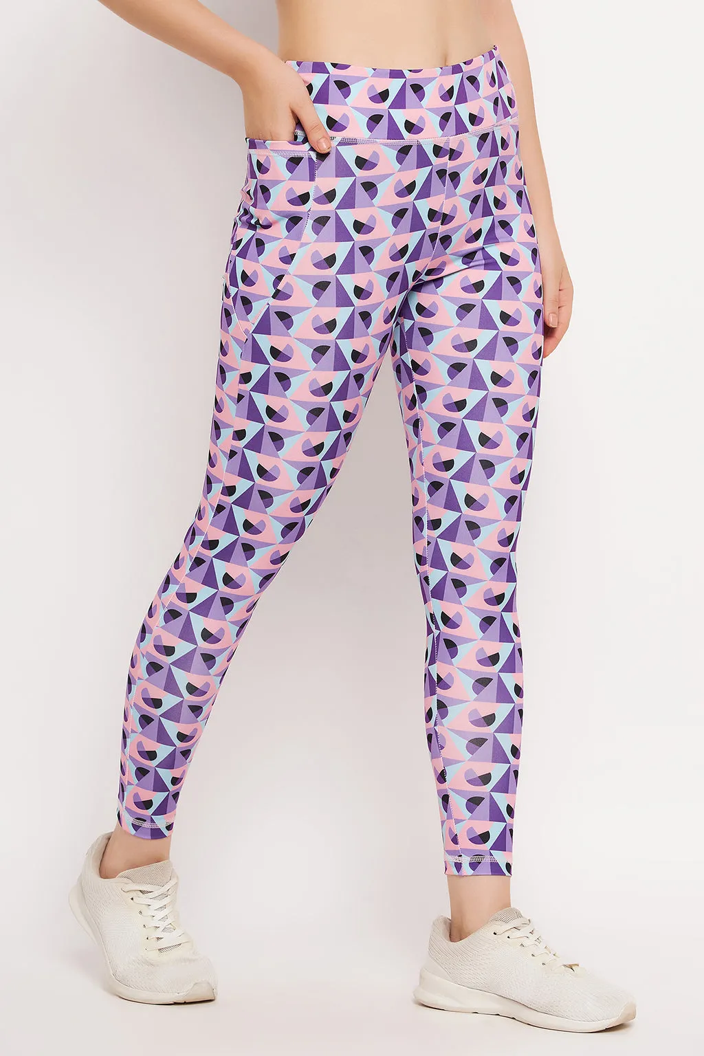 Purple Poly Spandex Geometric Print Tights With Side Pocket