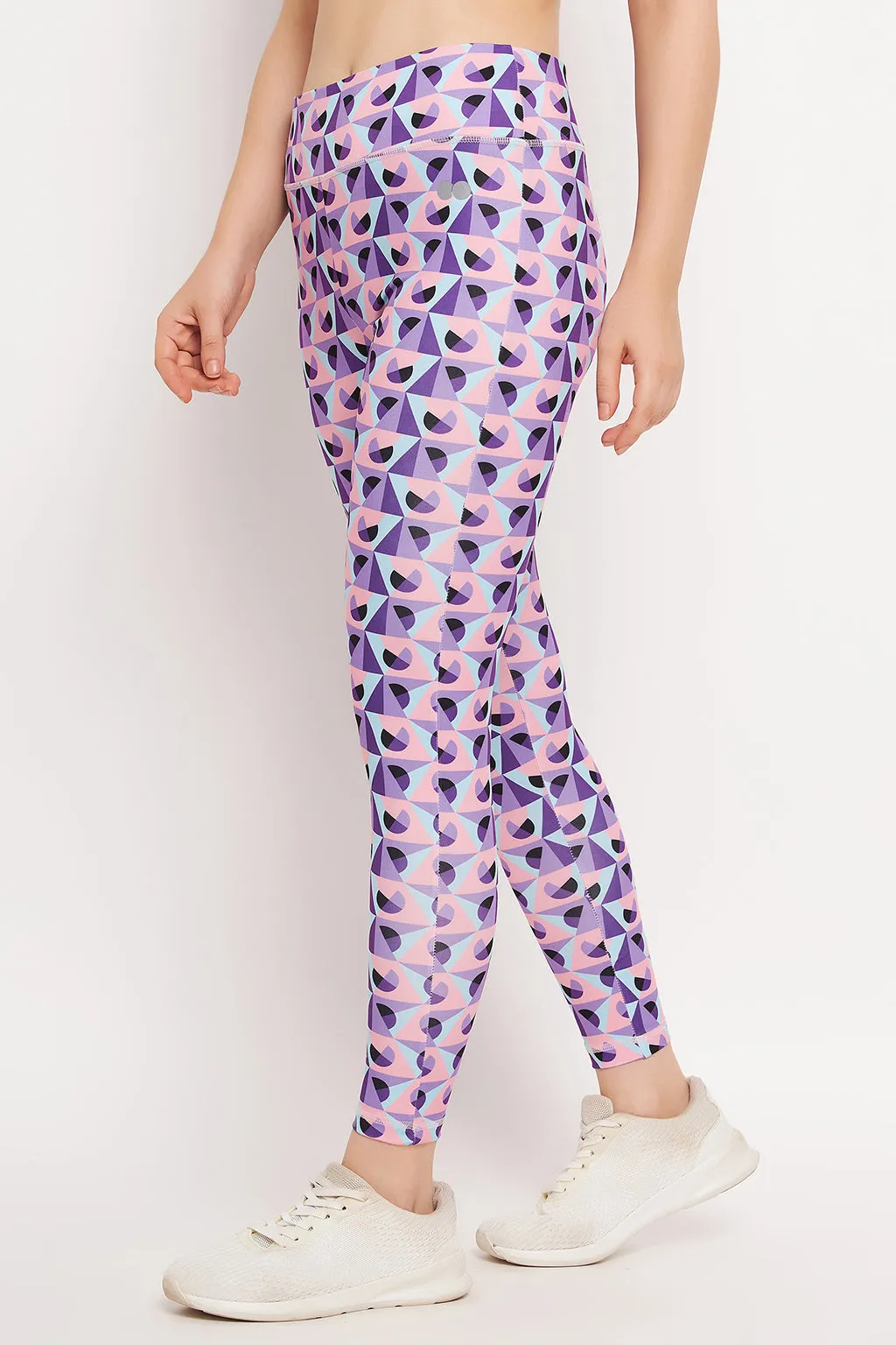 Purple Poly Spandex Geometric Print Tights With Side Pocket