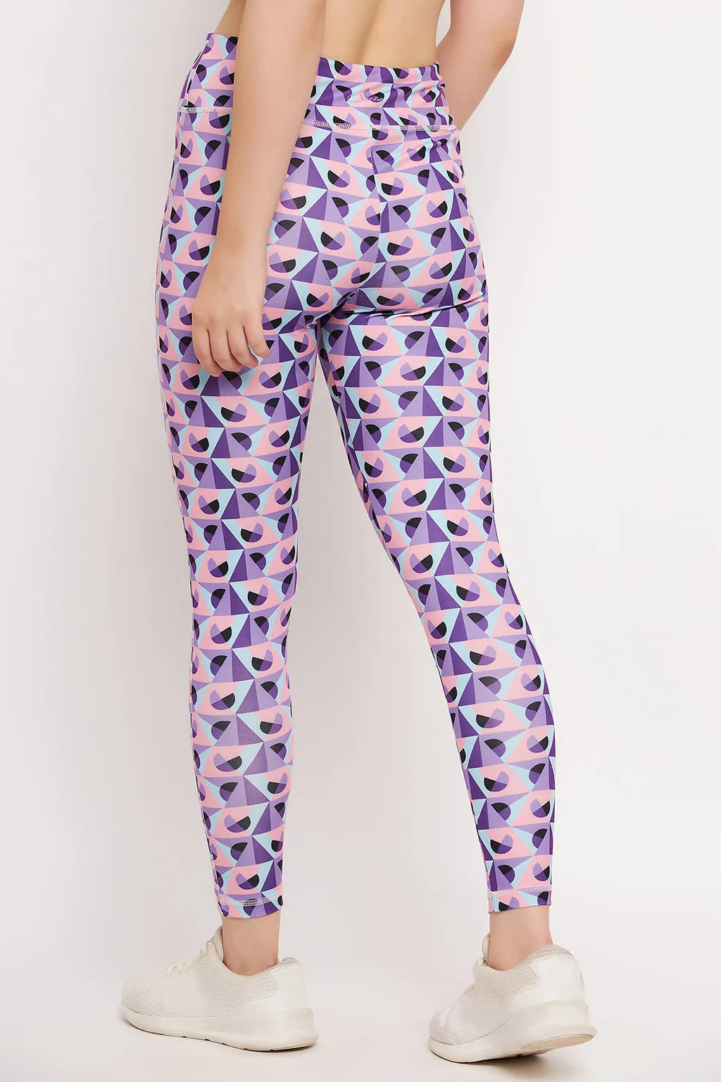 Purple Poly Spandex Geometric Print Tights With Side Pocket