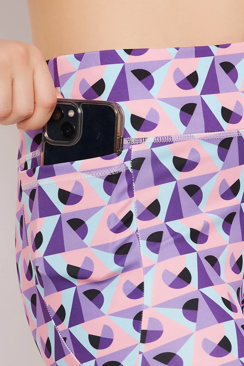 Purple Poly Spandex Geometric Print Tights With Side Pocket