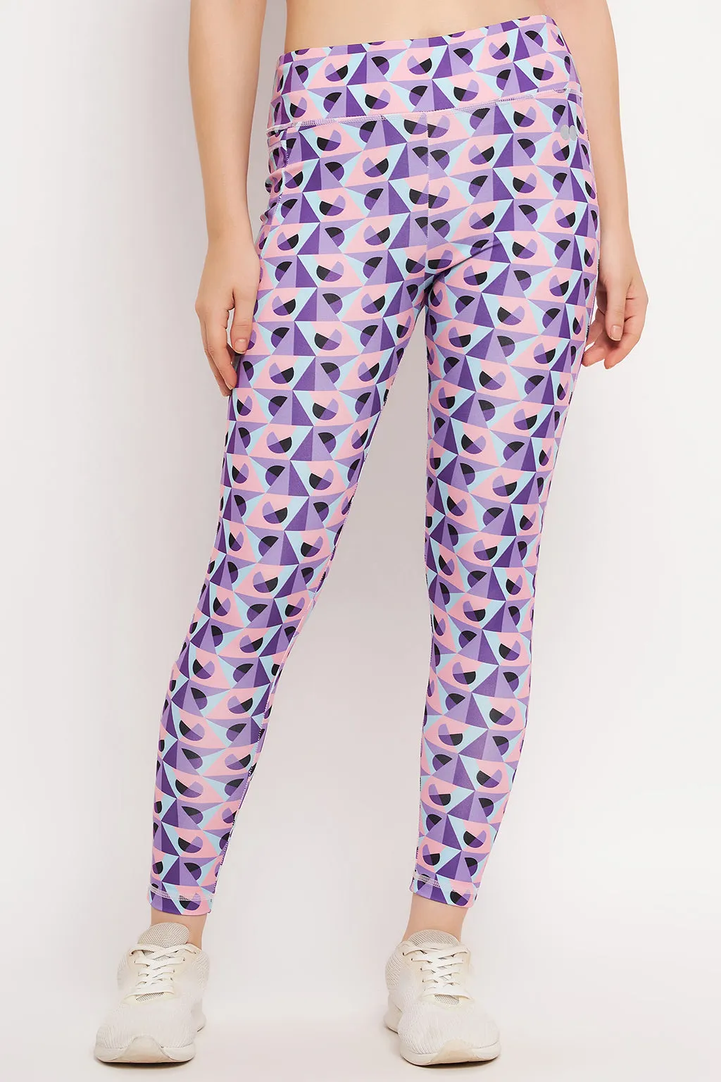 Purple Poly Spandex Geometric Print Tights With Side Pocket