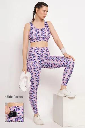 Purple Poly Spandex Geometric Print Tights With Side Pocket