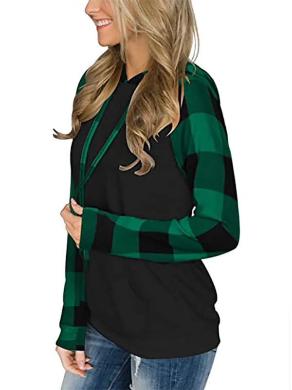 Women's Black Hoodie With Plaid Print Long Sleeves