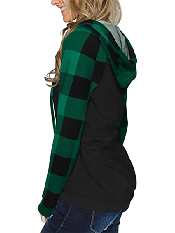 Women's Black Hoodie With Plaid Print Long Sleeves