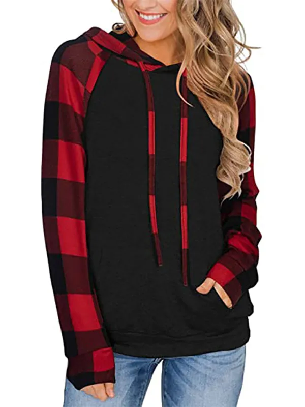 Women's Black Hoodie With Plaid Print Long Sleeves