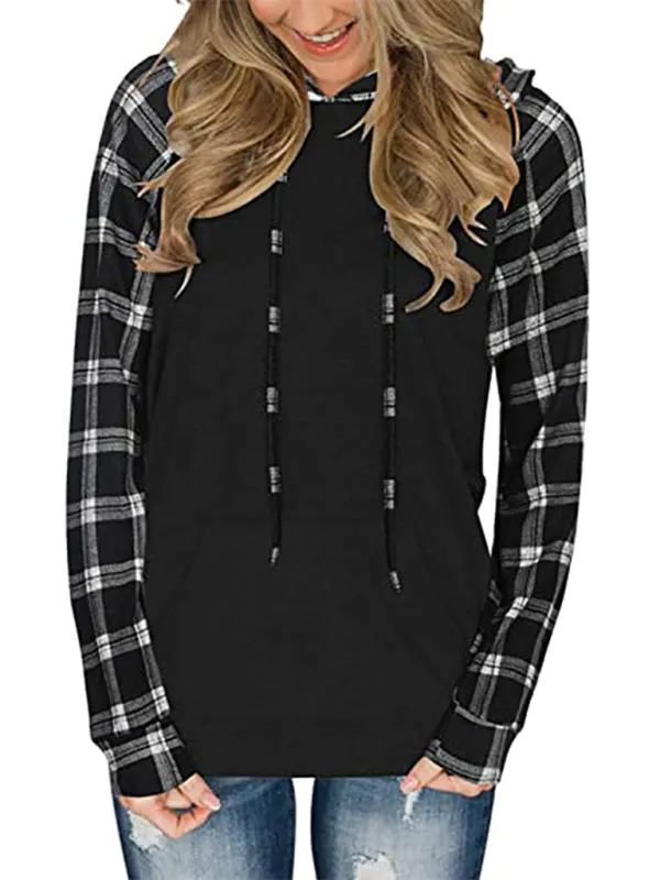 Women's Black Hoodie With Plaid Print Long Sleeves