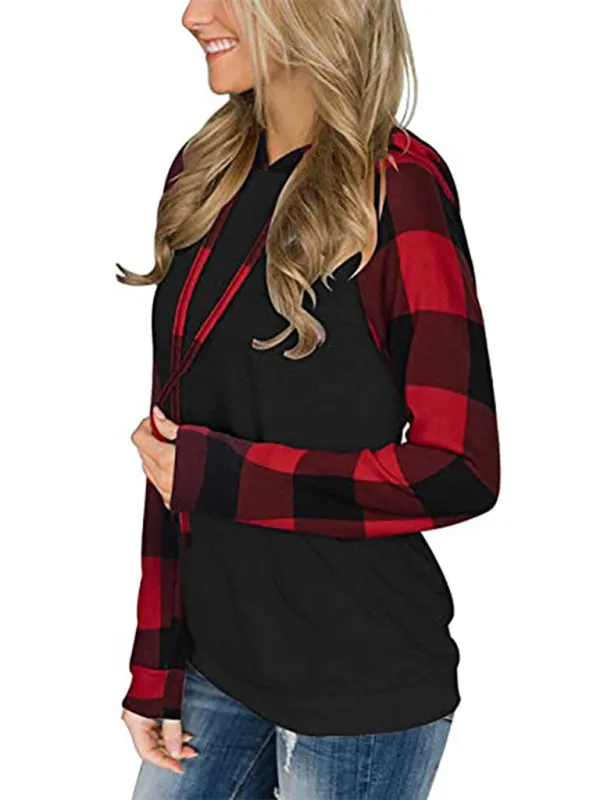 Women's Black Hoodie With Plaid Print Long Sleeves