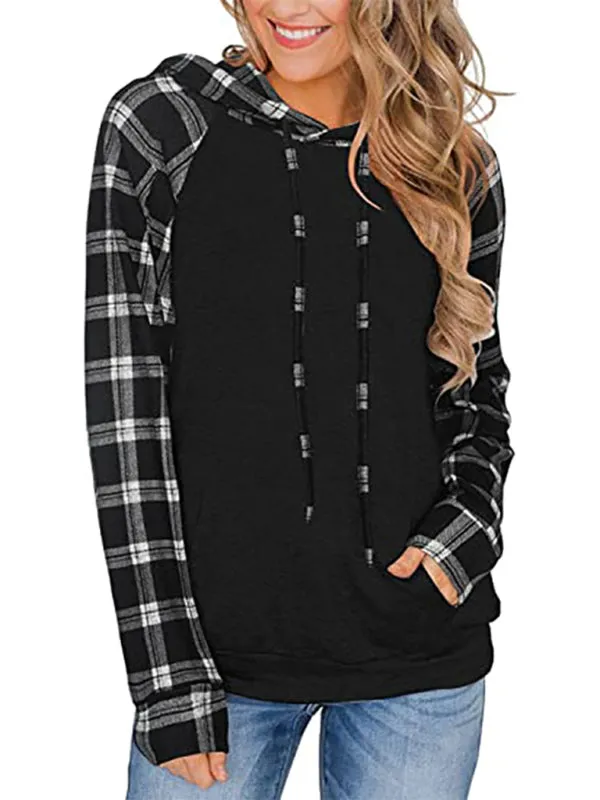 Women's Black Hoodie With Plaid Print Long Sleeves