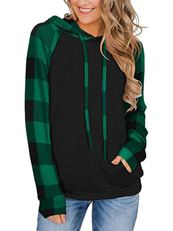 Women's Black Hoodie With Plaid Print Long Sleeves