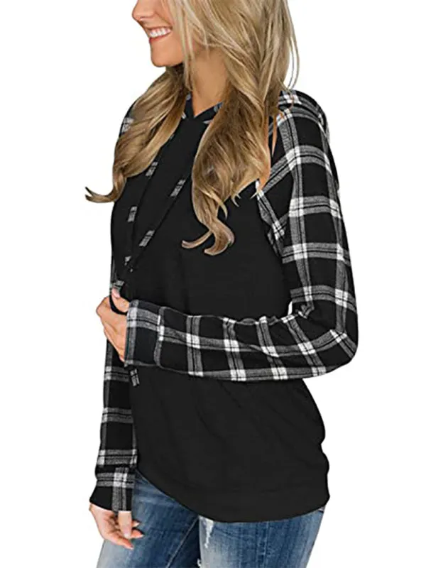 Women's Black Hoodie With Plaid Print Long Sleeves