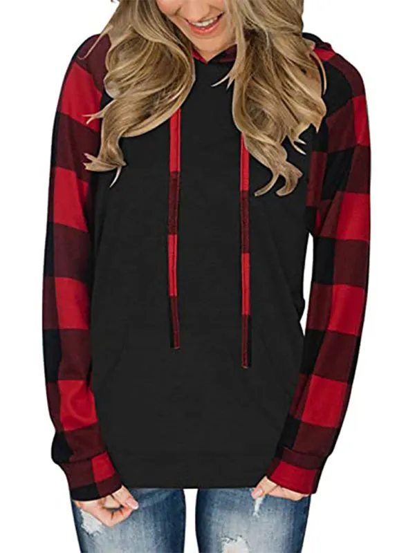 Women's Black Hoodie With Plaid Print Long Sleeves