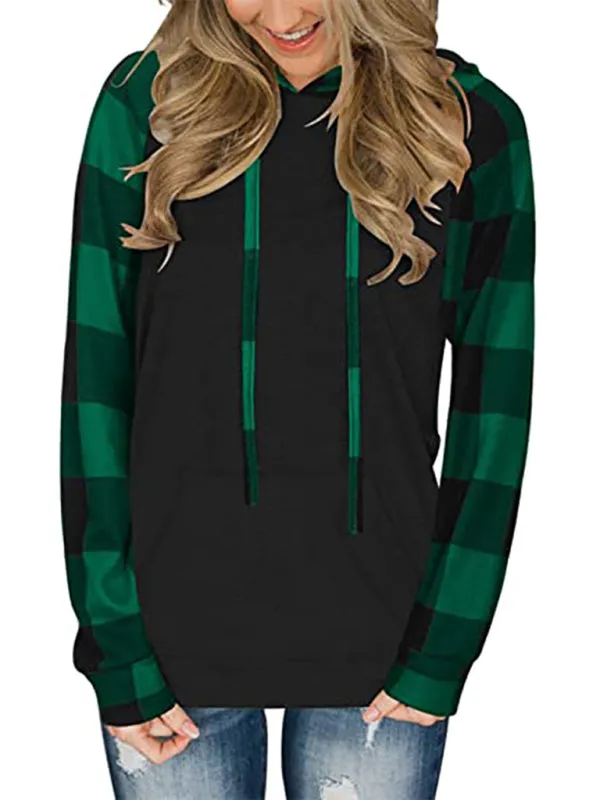 Women's Black Hoodie With Plaid Print Long Sleeves
