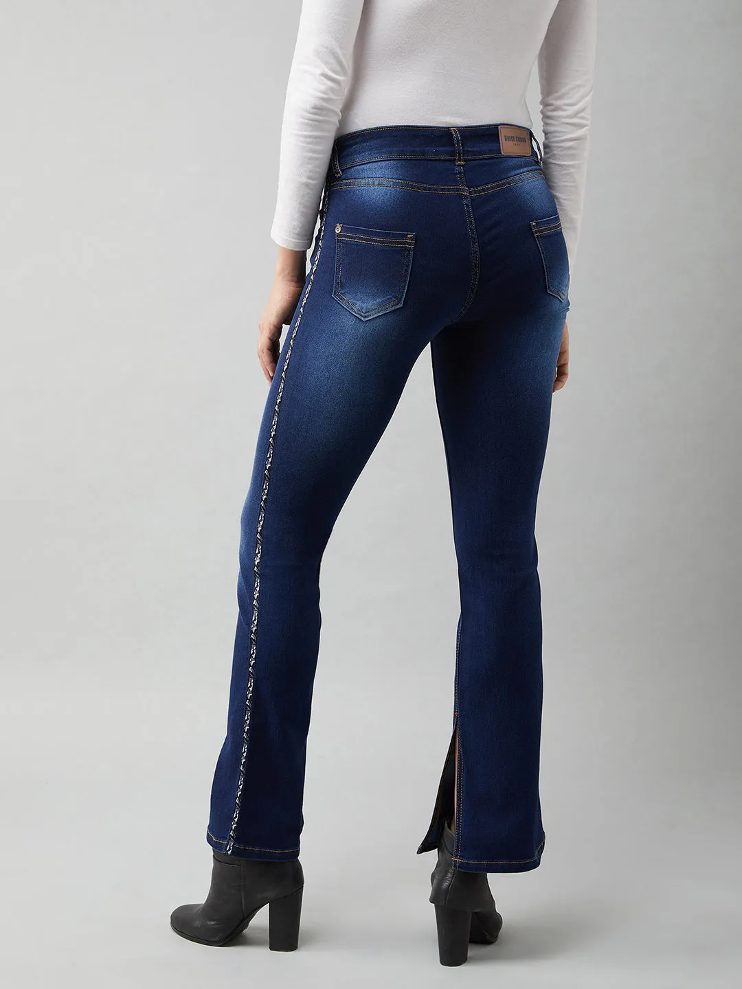 Women's Blue Cotton Bell Bottom Bootcut Fit & Flared Mid Rise Stretchable Timeless Denim Jeans