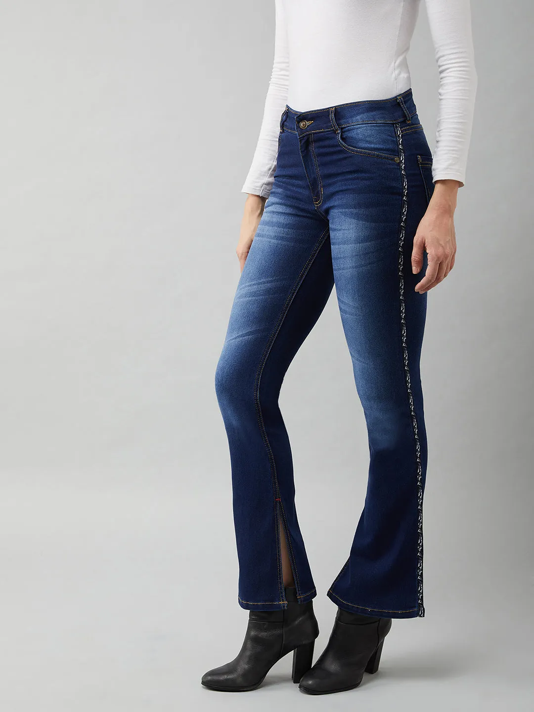 Women's Blue Cotton Bell Bottom Bootcut Fit & Flared Mid Rise Stretchable Timeless Denim Jeans