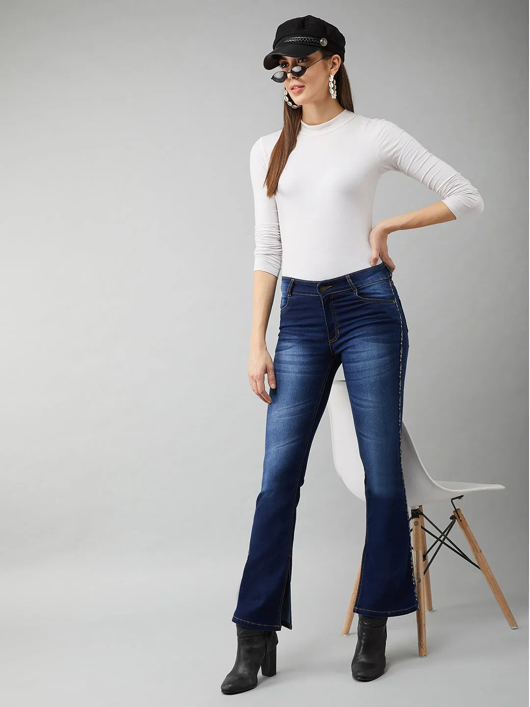 Women's Blue Cotton Bell Bottom Bootcut Fit & Flared Mid Rise Stretchable Timeless Denim Jeans